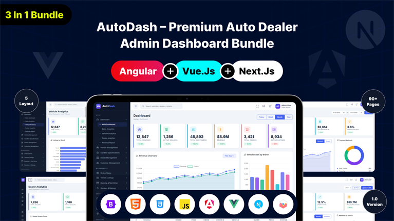 AutoDash – Premium Auto Dealer Admin Dashboard Bundle (Angular + Vue.js + Next.js) - Premium Template